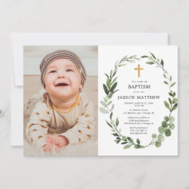 Convites Eucalyptus verde deixa simples foto de batismo
