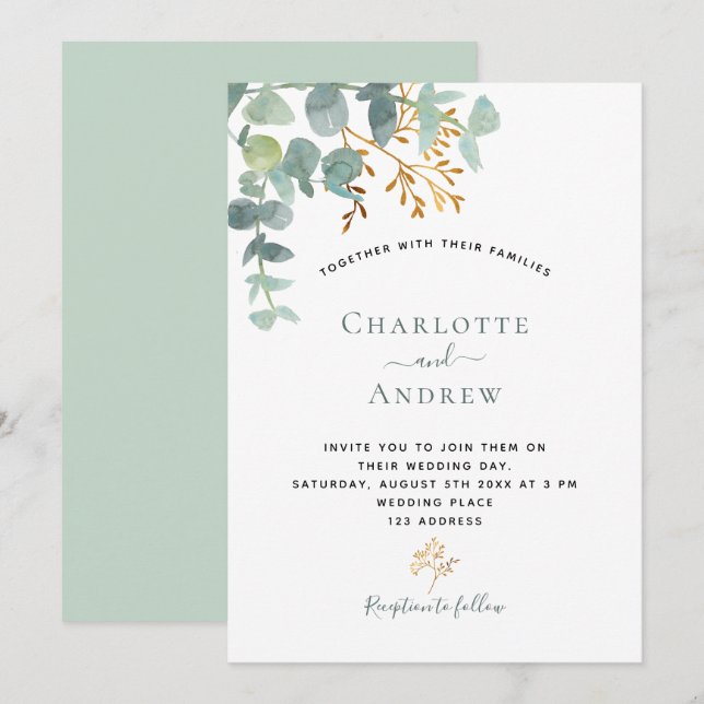 Convites Eucalyptus verde-elegante ouro casamento moderno (Frente/Verso)