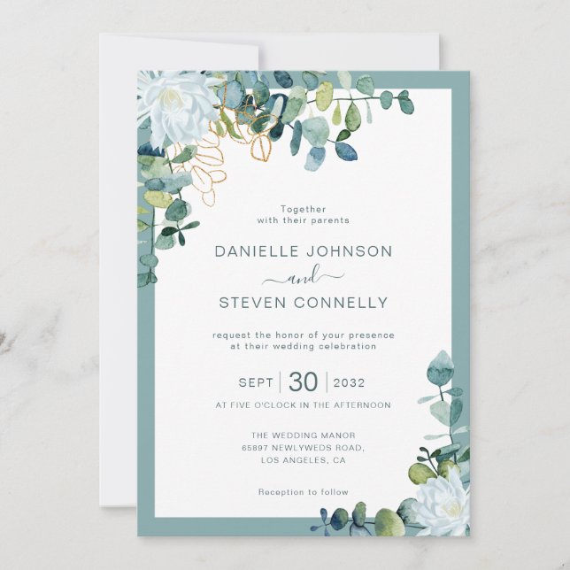 Convites Eucalyptus verde flores brancas casamento (Frente)