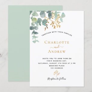 Convites Eucalyptus verde-ouro casamento elegante moderno