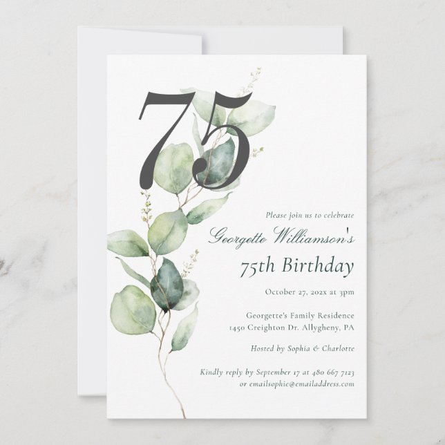 Convites Eucalyptus Watercolor 75th Birthday Script (Frente)