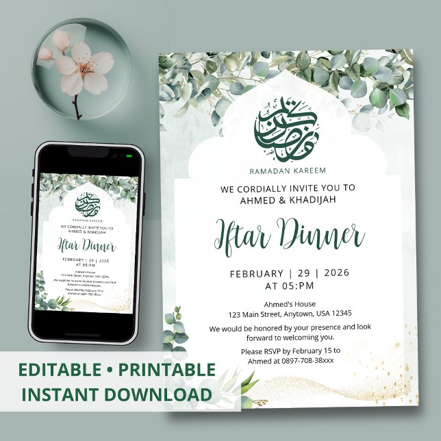 Convites Eucalyptus Watercolor Arch Ramadan Iftar Dinner (Criador carregado)
