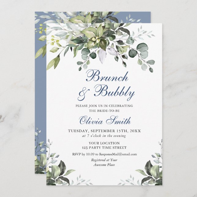 Convites Eucalyptus Watercolor Brunch e Bubble (Frente/Verso)