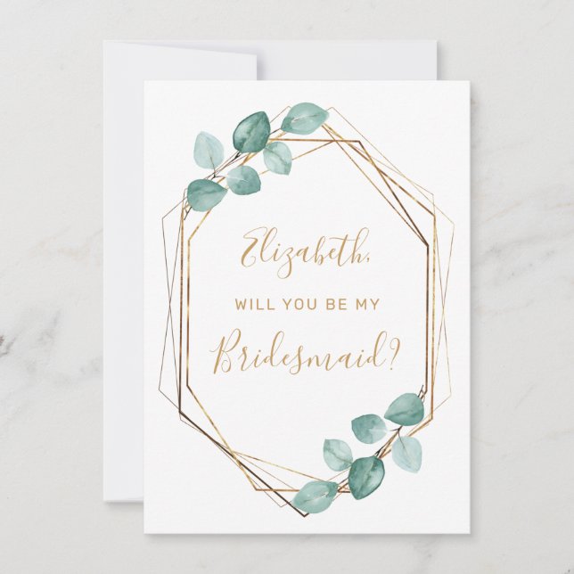 Convites Eucalyptus Watercolor Greenery Dourado Bridesmaid (Frente)