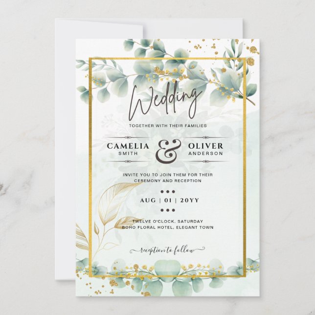Convites Eucalyptus Wedding Invitation Modern Greenery Dour (Frente)