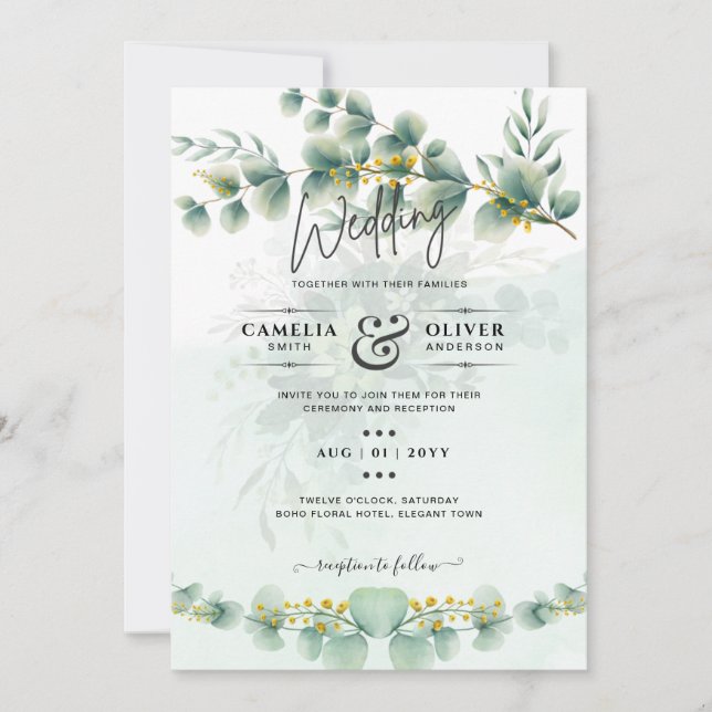 Convites Eucalyptus Wedding Invitation Modern Greenery Dour (Frente)