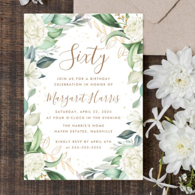 Convites Eucalyptus White Dourado Floral 60º Sessenta Anive (Criador carregado)