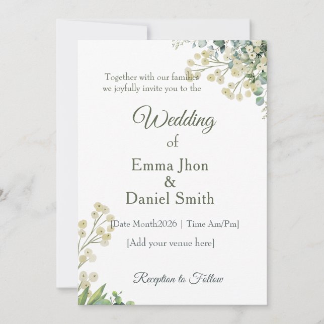 Convites Eucalyptus & White Florals Botanical Wedding  (Frente)
