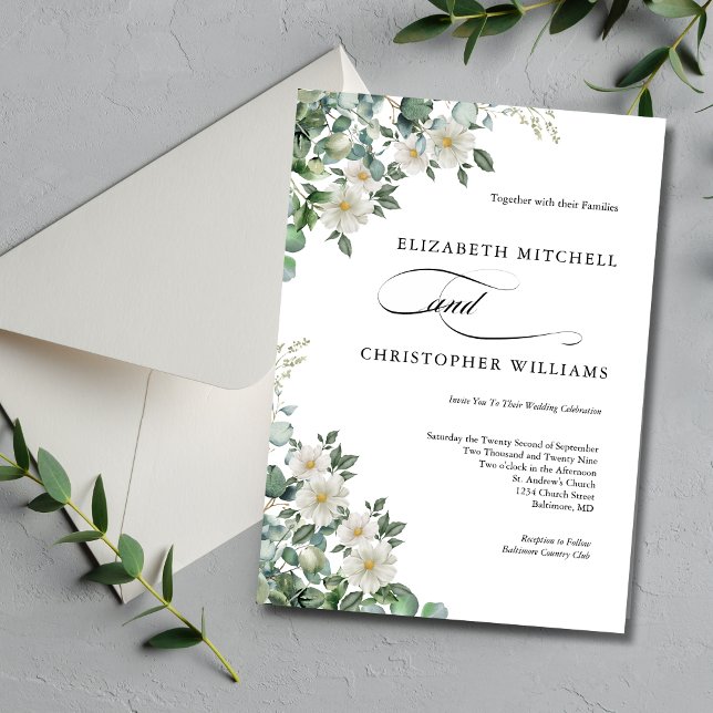 Convites Eucalyptus White Flowers Greenery Elegant Wedes (Eucalyptus and White Floral Watercolor Elegant Modern Trendy Wedding Invitation)