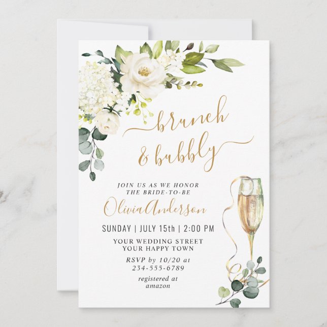 Convites Eucalyptus White Roses Brunch e Bubbles (Frente)