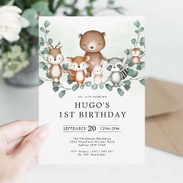 Convites Eucalyptus Woodland Animal primeiro aniversario ve