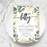 Convites Eucalyptus Wreath 50ª Festa de aniversário<br><div class="desc">50º Convite de aniversário. Design floral elegante em branco verde e ouro brilhante. Design clássico moderno com cores aquáticas pintadas manualmente, verduras e roteiros de eucalipto eucalipto. Perfeito para uma comemoração de na moda 50 dias. Personalize com seus próprios detalhes. Pode ser personalizado para qualquer idade! Impressos convites Zazzle ou...</div>