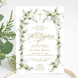 Convites Eucalyptus Wreath Dourado Cross Baptism