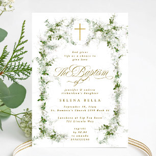 Convites Eucalyptus Wreath Dourado Cross Baptism