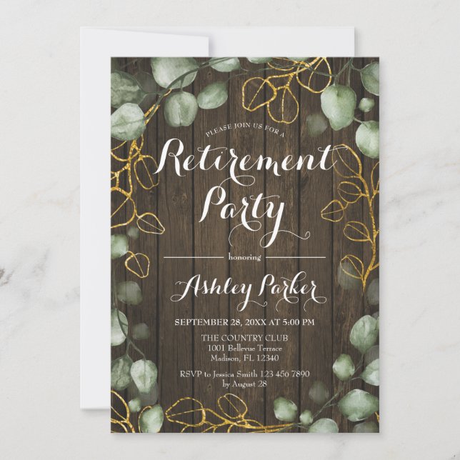 Convites Eucalyptus Wreath Russe Wood Retirement Party (Frente)