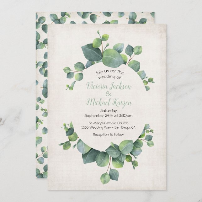 Convites Eucalyptus Wreath Weditation (Frente/Verso)
