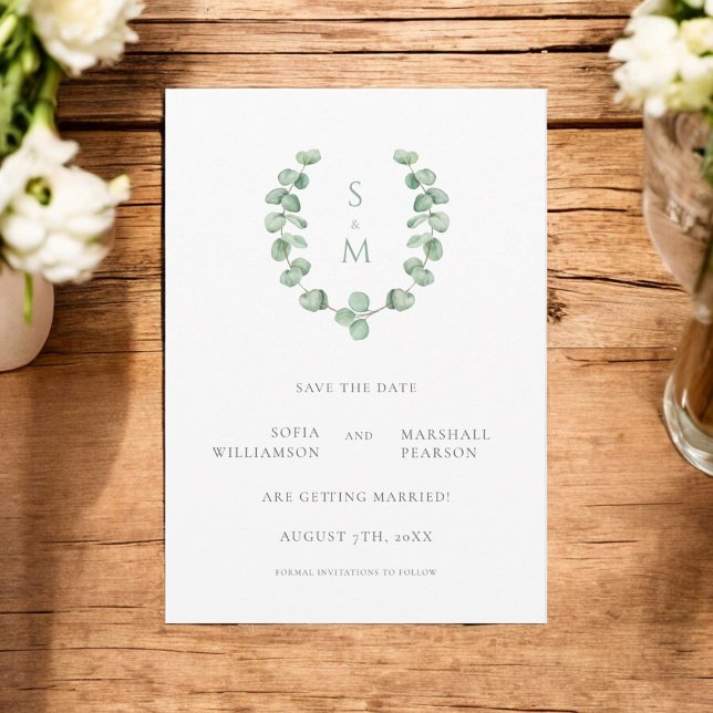 Convites Eucalypus monograma, salvar data (beautiful clean monogram save the date with green folage 
)