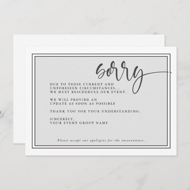 Convites Evento Adiado Moderno, Desculpe Reprogramar Evento (Frente/Verso)
