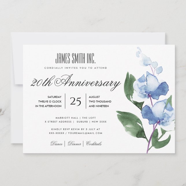 Convites EVENTO CORPORATIVO FLORAL DE Aquarela AZUL (Frente)