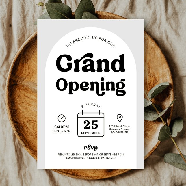 Convites Evento de abertura da nova loja Retro Trendy Arch (Trendy Business Grand Opening invitation design, featuring retro fonts, arch background and icons)