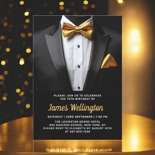 Convites Evento de aniversário de Tuxedo preto e Dourado