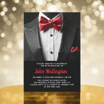 Convites Evento de aniversário do Tuxedo preto e vermelho<br><div class="desc">Comemore em estilo com este Convite de Aniversário de Tuxedo Negro e Vermelho, exuando elegância e sofisticação. Os elegantes antecedentes negros e os sotaques deram o tom para um caso luxuoso, perfeito para uma celebração de marco. Com seu refinado design, inspirado em tuxedo, esse convite capta a essência de uma...</div>