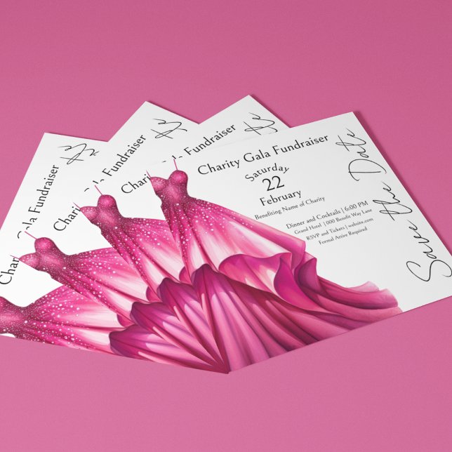 Convites Evento de Bola do Presidente do Vestido Rosa (Save the Date Gala Fundraiser Charity event with formal hot pink dress on front and back. Customized)