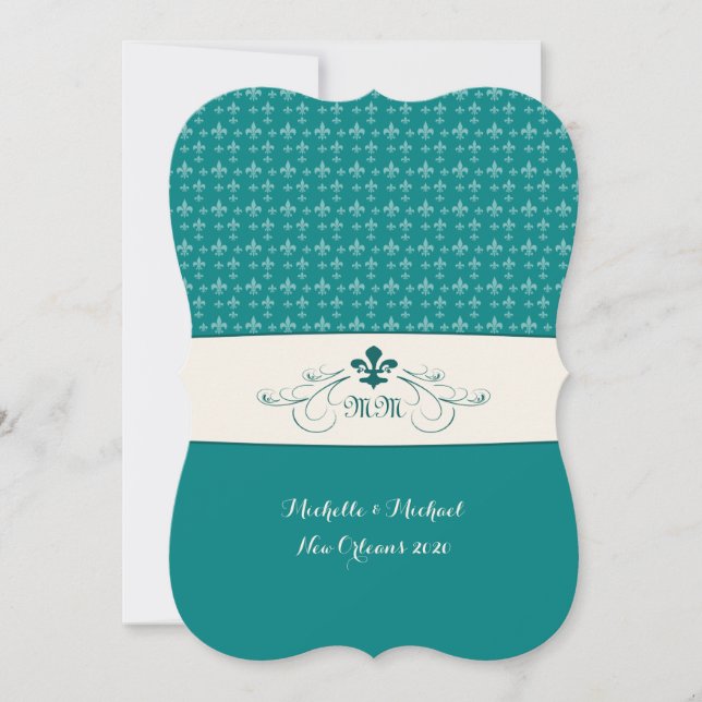 Convites Evento de Casamento Teal White Fleur de Lis (Frente)