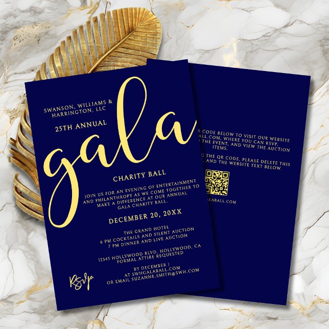 Convites Evento de Gala de Caridade Elegante Azul Ouro (Gala Event Charity Fundraiser Elegant Blue and Gold Invitation with Bold Script Gala for Gala Ball.)