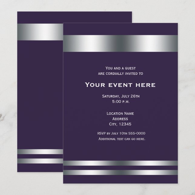 Convites Evento de Jantar Elegante Roxo Fundo e Prata (Frente/Verso)