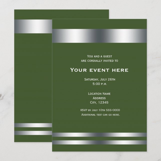 Convites Evento de jantar elegante verde e prata (Frente/Verso)