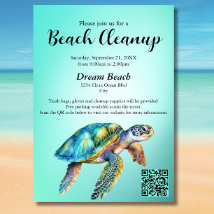 Convites Evento de Limpeza de Praia com Código QR Tartaruga