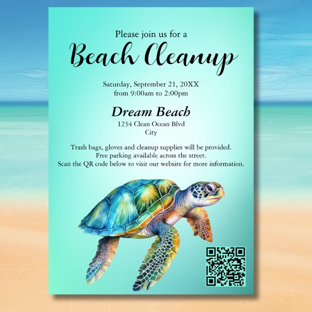 Convites Evento de Limpeza de Praia com Código QR Tartaruga (Criador carregado)