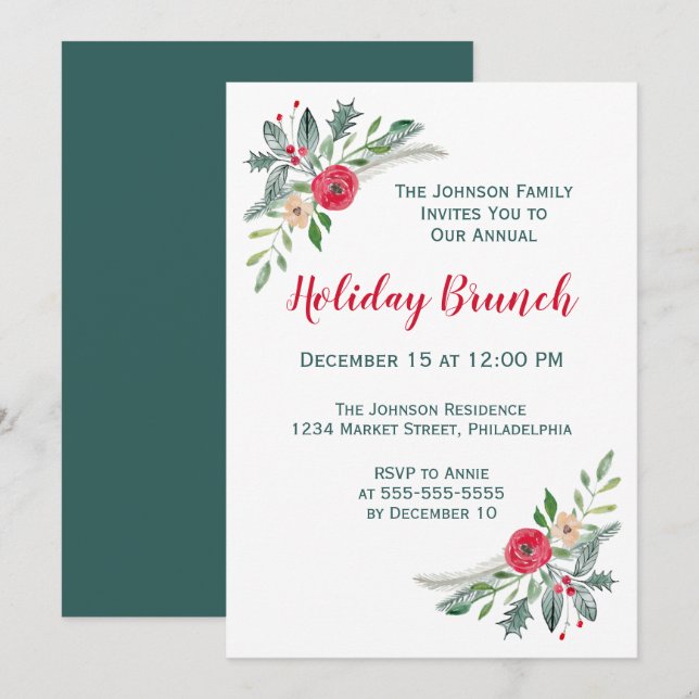Convites Evento de Natal Florals & Holly (Frente/Verso)