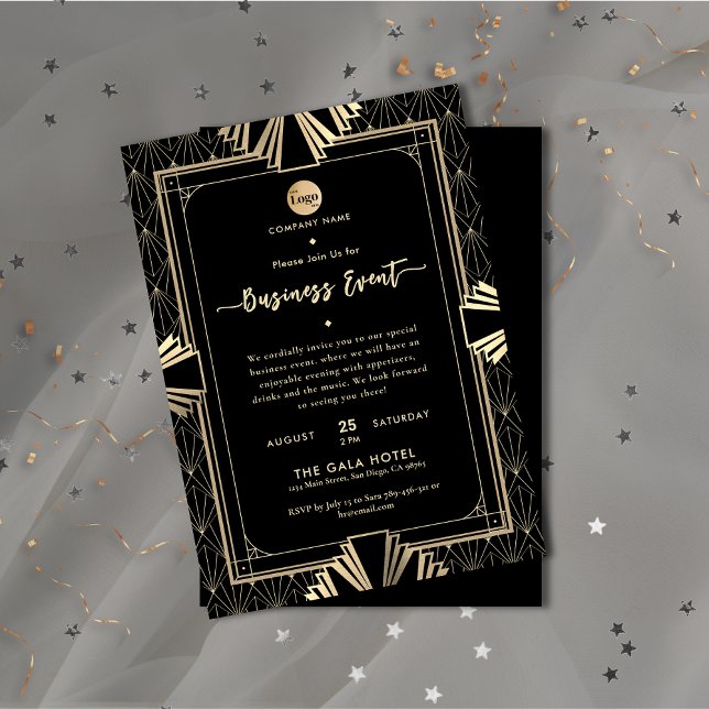 Convites Evento de negócios Dourado e preto na arte profiss (Professional Art Deco Black & Gold Business Event Invitation)