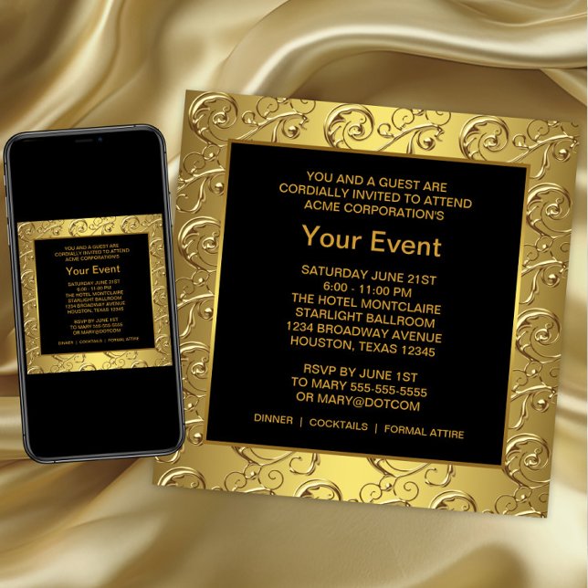 Convites Evento de Partido Corporativo Dourado e Negro (Black and gold Corporate Party Event Invitation. Any occasion. For download and print.)
