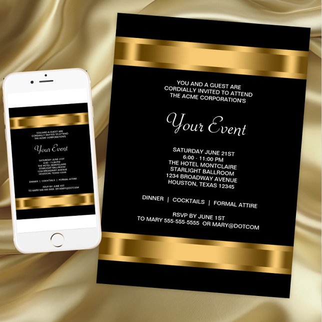 Convites Evento de Partido Corporativo Negro Dourado Preto (Black and gold corporate event invitation with beautiful gold bands. For Instant download and print.)