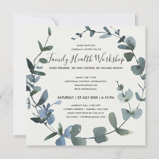 CONVITES EVENTO DE WORKSHOP EUCALYPTUS WREATH FOLIAGE VERDE (Frente)