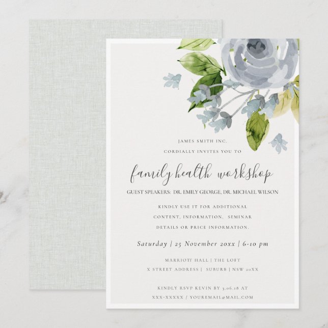 CONVITES EVENTO DE WORKSHOP FLORORAL AQUA AZUL AQUA (Frente/Verso)