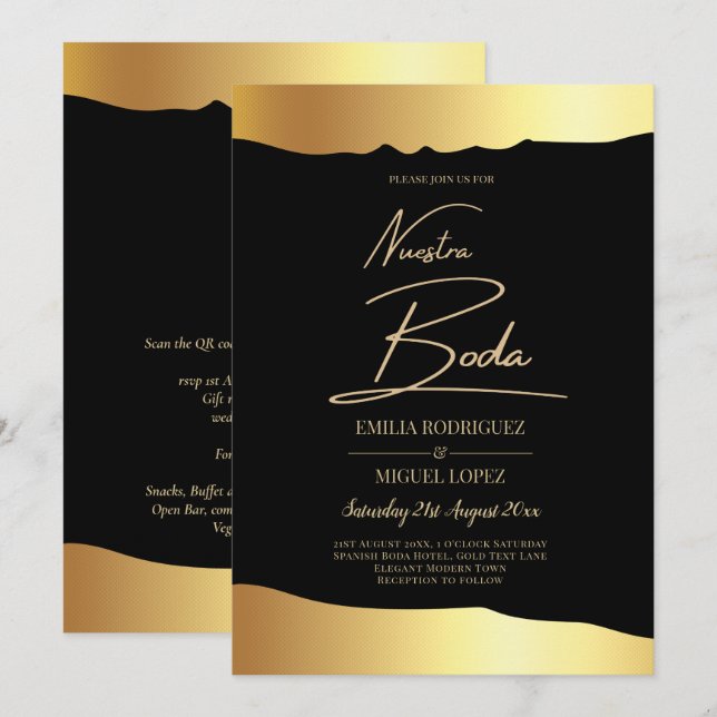 Convites Evento Elegante de Espelho Ouro de Casamento Preto (Frente/Verso)