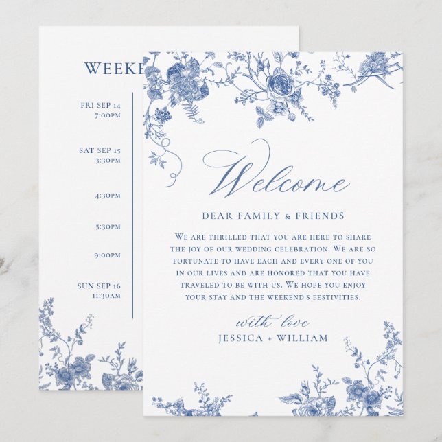 Convites Eventos de Fim de Semana de Casamento Floral Azul  (Frente/Verso)