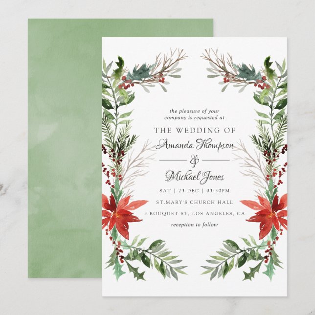 Convites Evergreen - Casamento de Natal no Bosque Invernal (Frente/Verso)