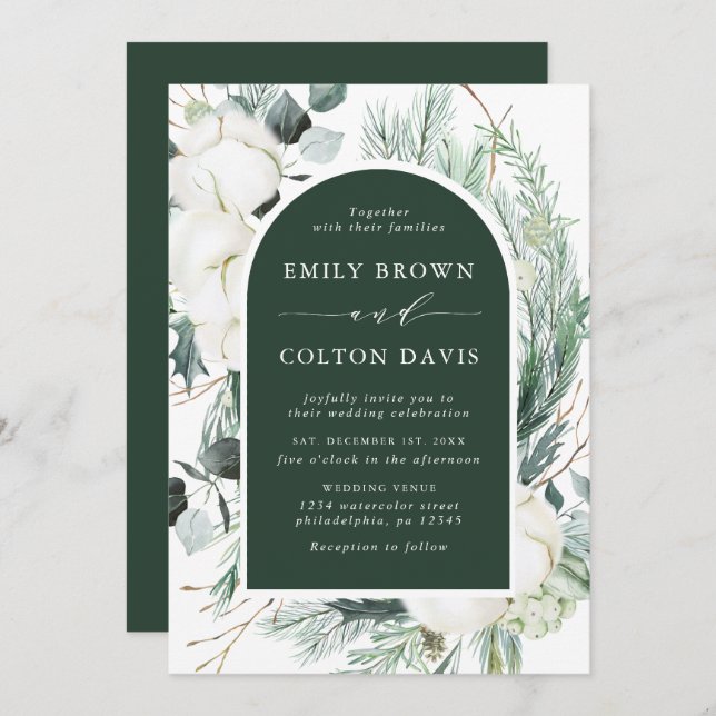 Convites Evergreen & Cotton Flowers Elegante Green (Frente/Verso)
