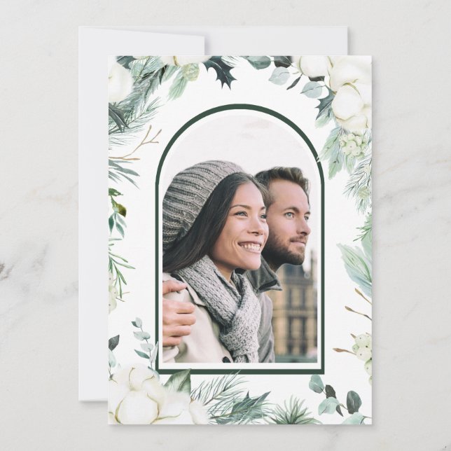Convites Evergreen & Cotton Flowers Foto De Casamento Elega (Verso)