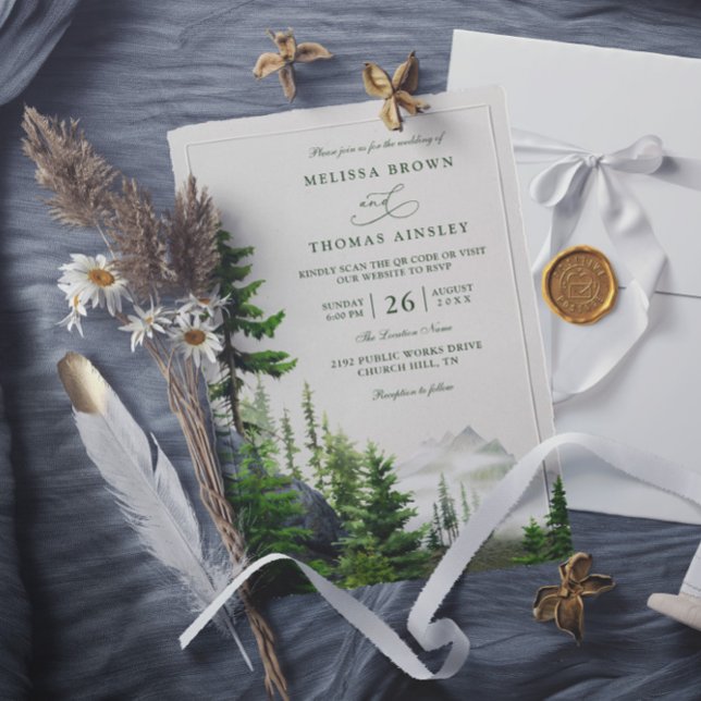 Convites Evergreen Forest Rustic Mountain QR Code Wedding (Criador carregado)