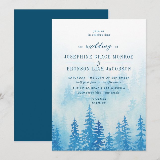 Convites Evergreens na Floresta Negra em Casamento Azul (Frente/Verso)