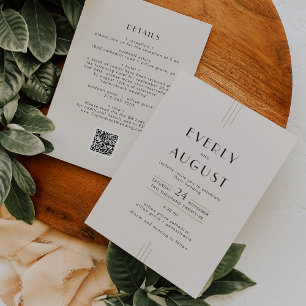 Convites EVERLY Art Deco Ivory Dourado Código QR Casamento