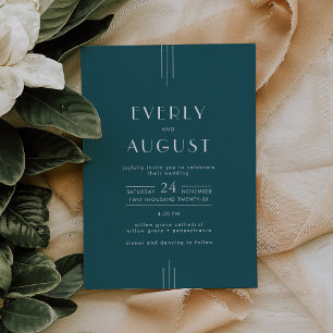 Convites EVERLY Arte Deco Simples Retrô Pavão Casamento Azu