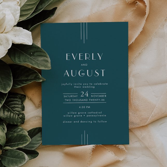 Convites EVERLY Arte Deco Simples Retrô Pavão Casamento Azu (EVERLY Simple Retro Art Deco Peacock Teal Wedding Invitation)