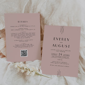 Convites EVERLY Retro Art Deco Blush Pink Código QR Casamen